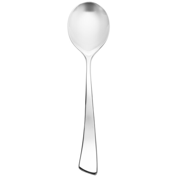 A close-up of a Chef & Sommelier stainless steel soup spoon with a silver handle.