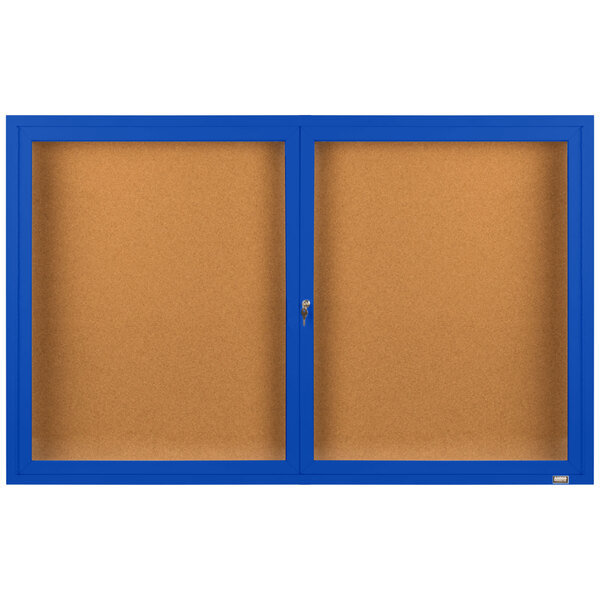 A brown and blue rectangle with white lines enclosing two blue framed bulletin boards.
