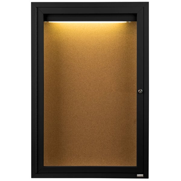 A black framed cabinet door with a light on a cork board.