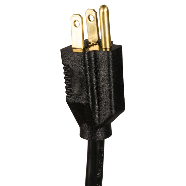 A close up of the black power cord plug for an Aarco indoor lighted bulletin board.