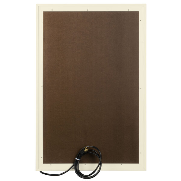 A brown bulletin board with a white border and a light inside.