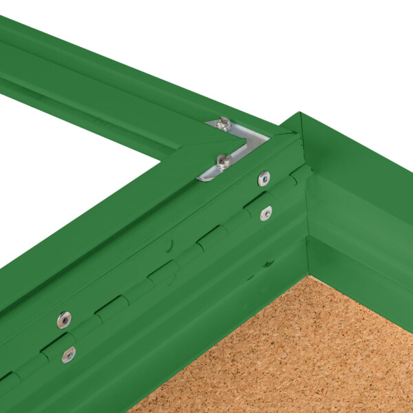 An Aarco green indoor bulletin board cabinet with a cork board inside.