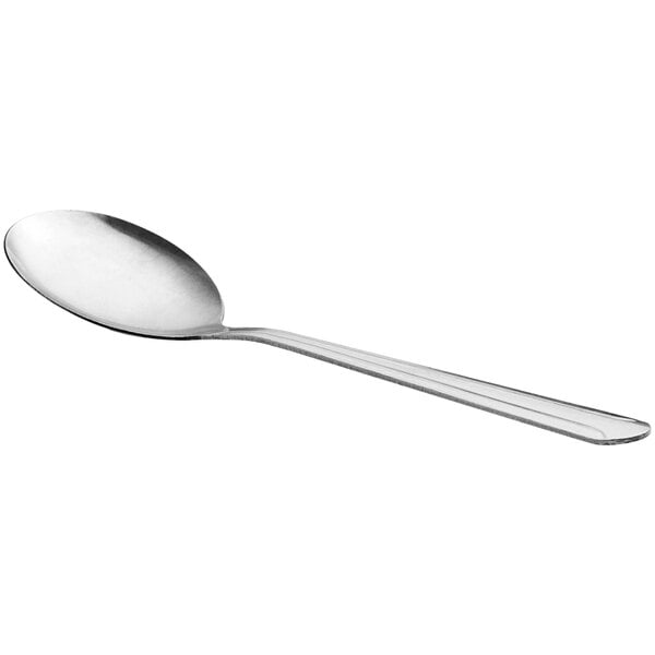A Choice Dominion stainless steel bouillon spoon with a curved edge and a silver handle.