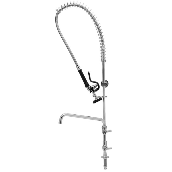 A chrome Equip by T&S pre-rinse faucet with a hose attached.