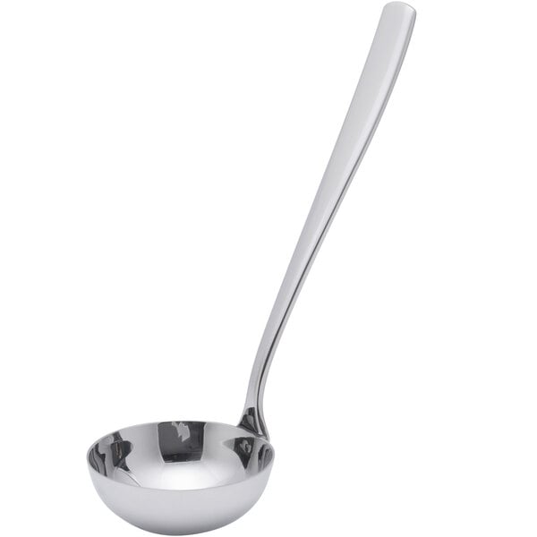 A close-up of an Arcoroc stainless steel sauce ladle with a black handle and white bowl.