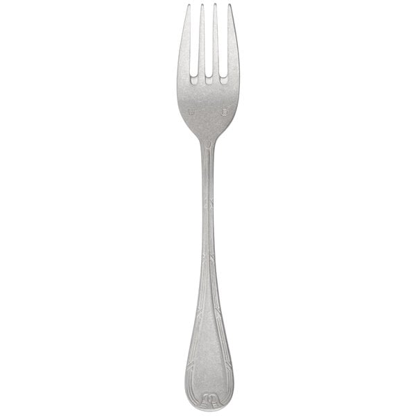 A silver Chef & Sommelier salad fork with a black top on a white background.