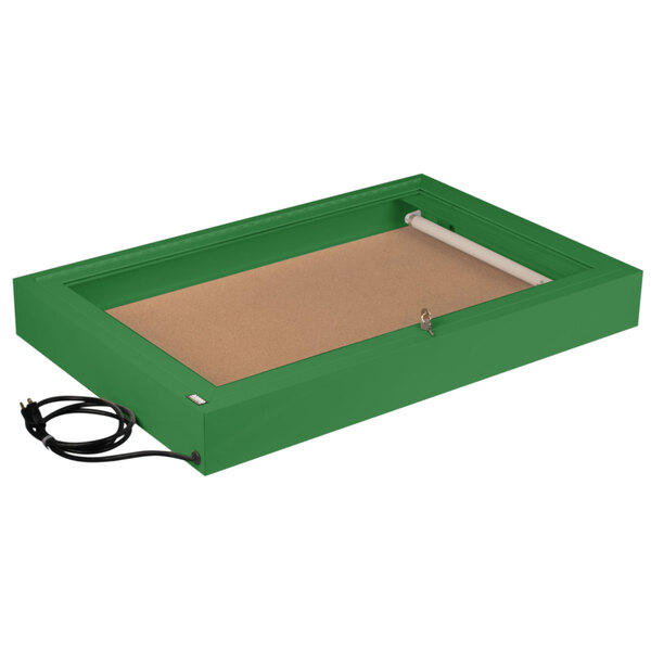 A green rectangular Aarco bulletin board cabinet with a wire.
