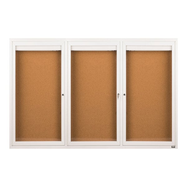 Aarco DCC4872-3RIW 48" x 72" Enclosed Hinged Locking 3 Door Powder Coated White Finish Indoor Lighted Bulletin Board Cabinet