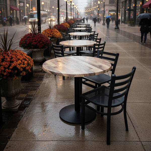 A 30-inch round rustic wood laminate table with a round base, suitable for outdoor or indoor use.