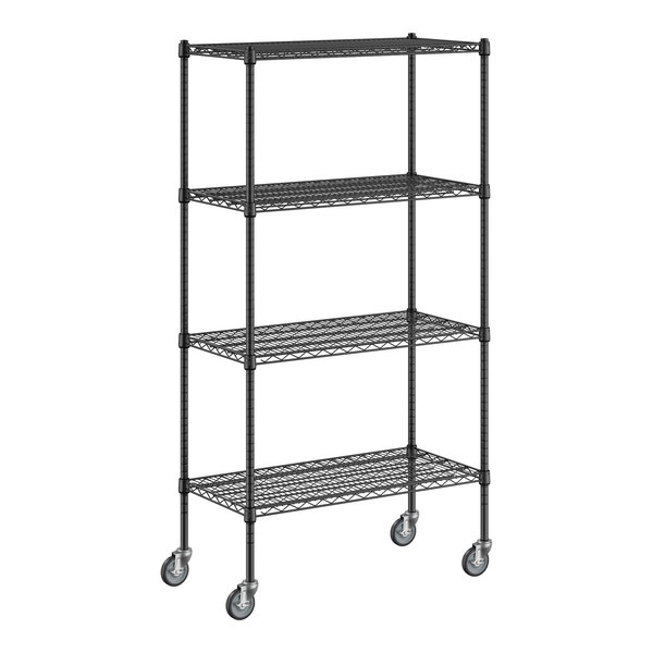 A black metal wire shelving unit with black casters.