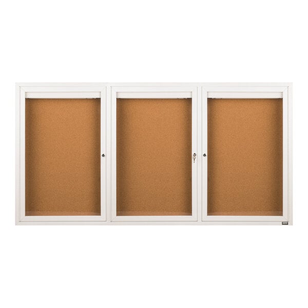 Aarco DCC3672-3RIW 36" x 72" Enclosed Hinged Locking 3 Door Powder Coated White Finish Indoor Lighted Bulletin Board Cabinet