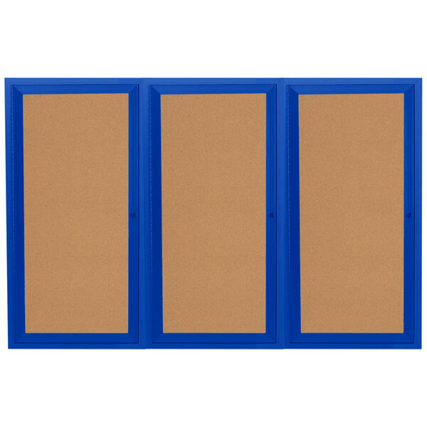 An Aarco brown bulletin board with blue trim and three doors.