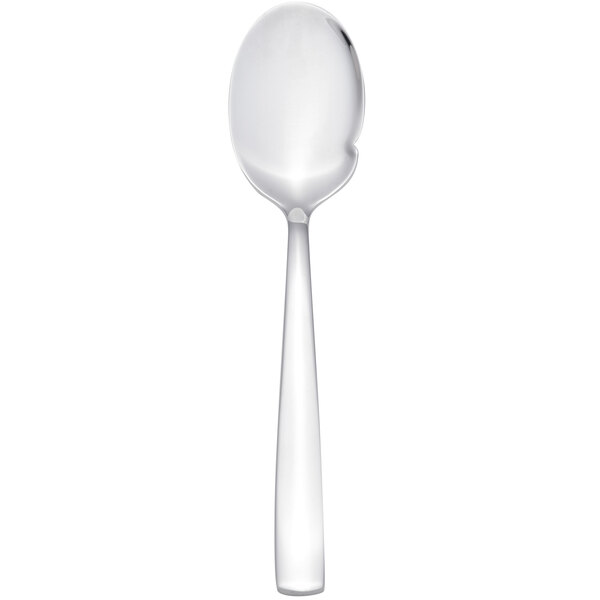 An Arcoroc stainless steel sauce spoon with a white background.