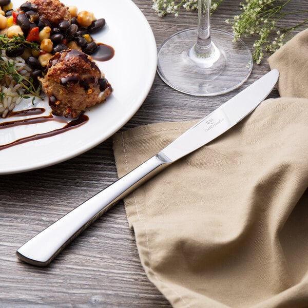 A plate of food with a Chef & Sommelier stainless steel dinner knife on it.