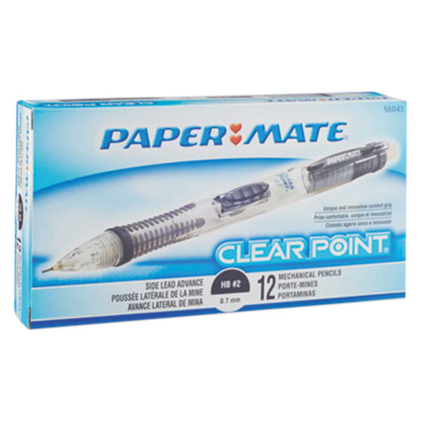 A box of 12 Paper Mate Clear Point HB Lead Mechanical Pencils with a blue and white logo.