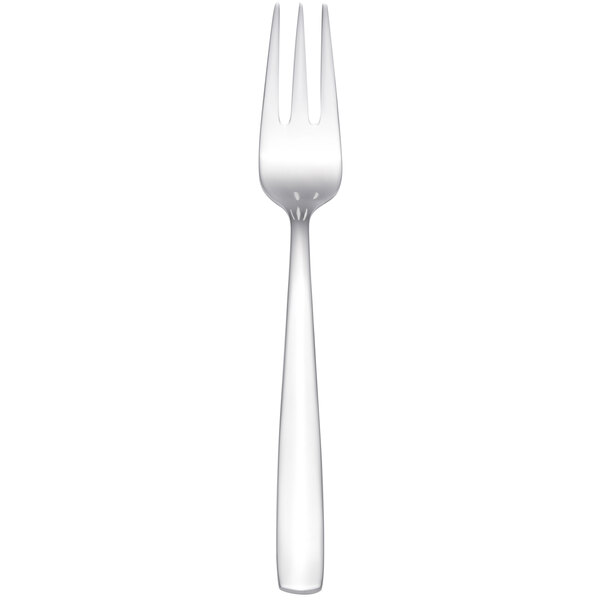 An Arcoroc stainless steel fish fork with a white handle.