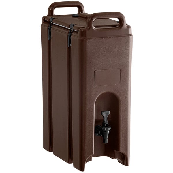 A dark brown plastic Cambro insulated beverage dispenser with a valve.