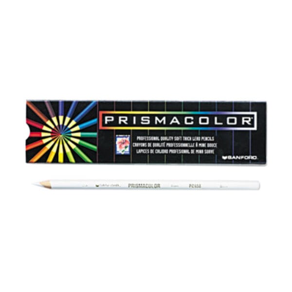 A package of 12 Prismacolor white woodcase colored pencils with white and black text.