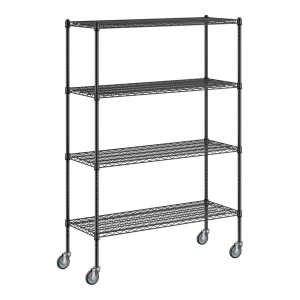 A black Regency wire shelving unit with wheels.