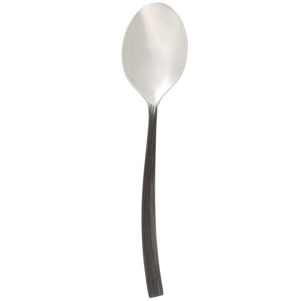 A Chef & Sommelier stainless steel dessert spoon with a black oak handle.