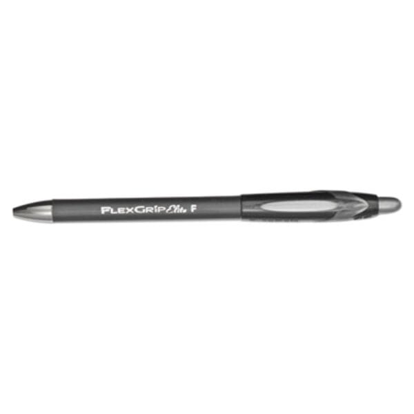 A black Paper Mate FlexGrip Elite ballpoint pen with black ink and silver accents.