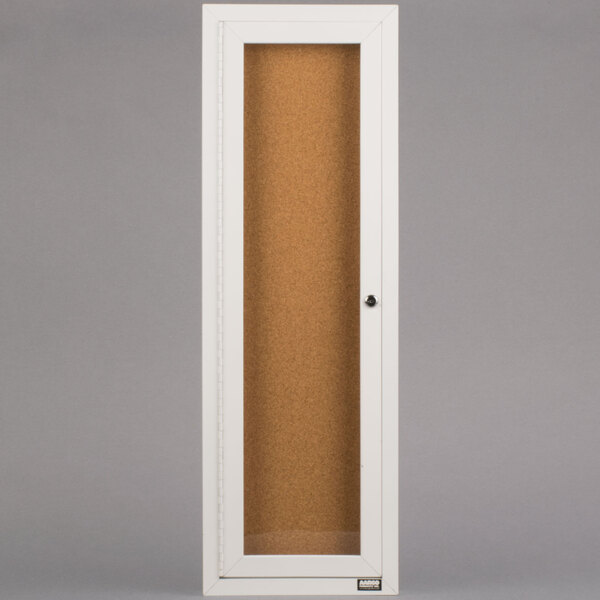 A white rectangular door with a glass panel enclosing a cork bulletin board.