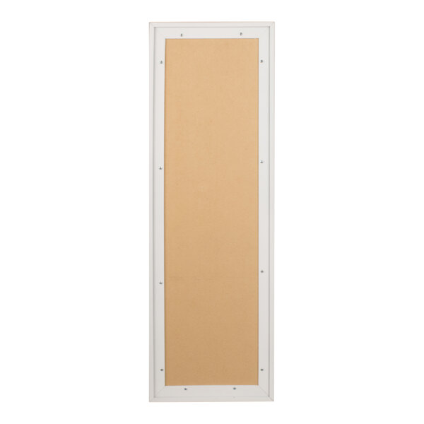 A rectangular bulletin board cabinet with a white frame and a tan interior panel, viewed from the front.