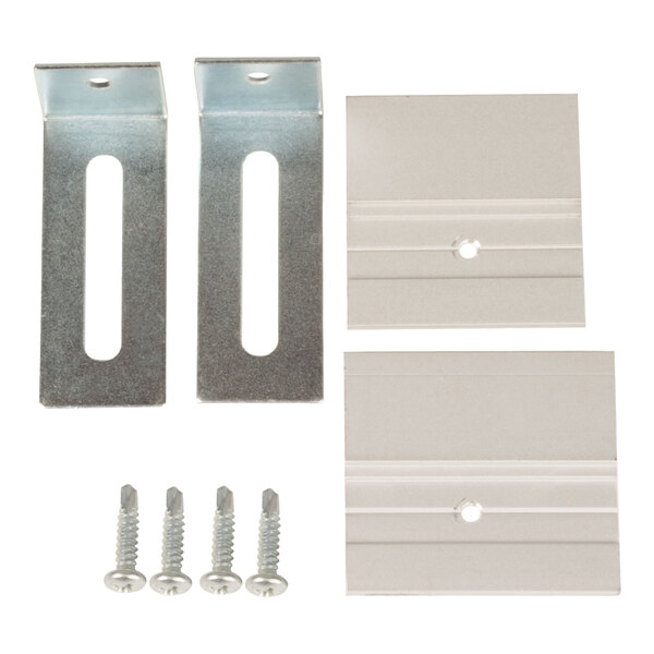 A set of metal mounting hardware including two L-shaped brackets with elongated holes, two flat plates with central holes, and four screws, all arranged on a white background.