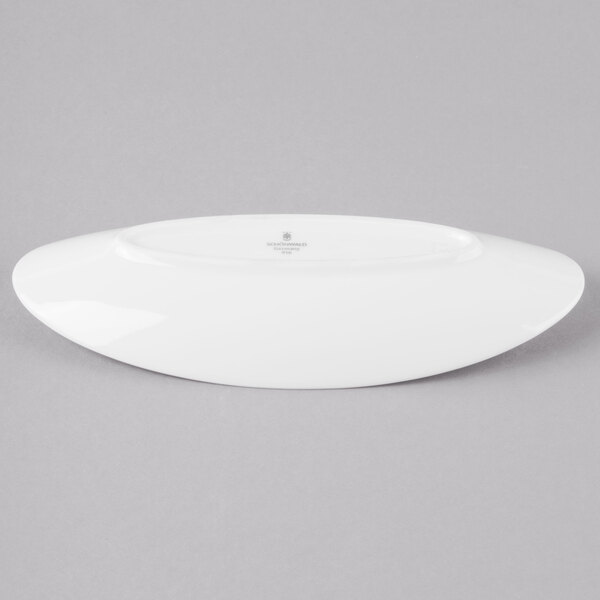 A white oval shaped tray with a logo on a white background.