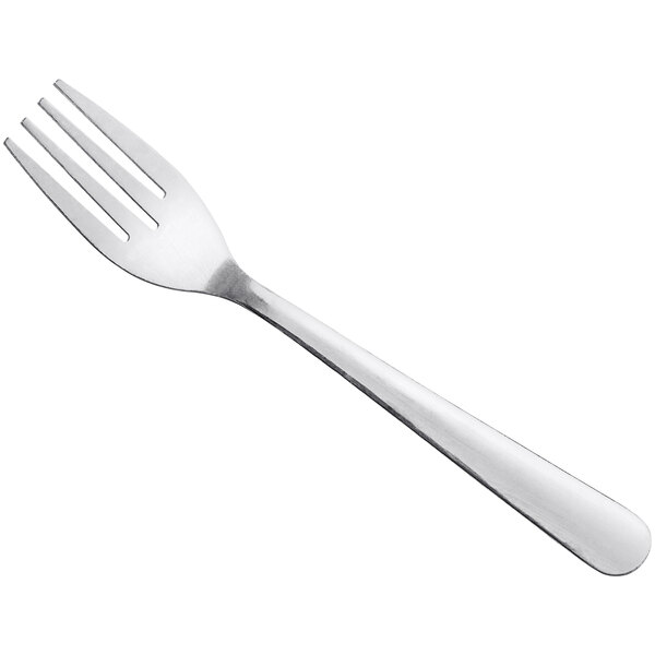 A silver fork with a white handle.