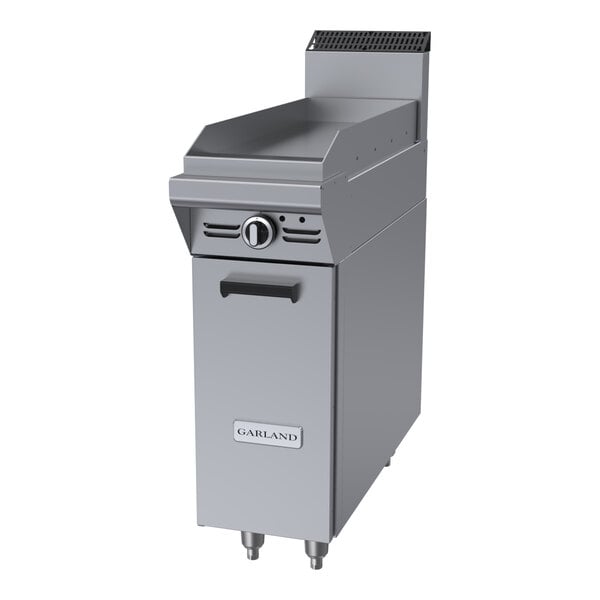 A stainless steel 12-inch natural gas griddle attachment with a storage base and manual controls.