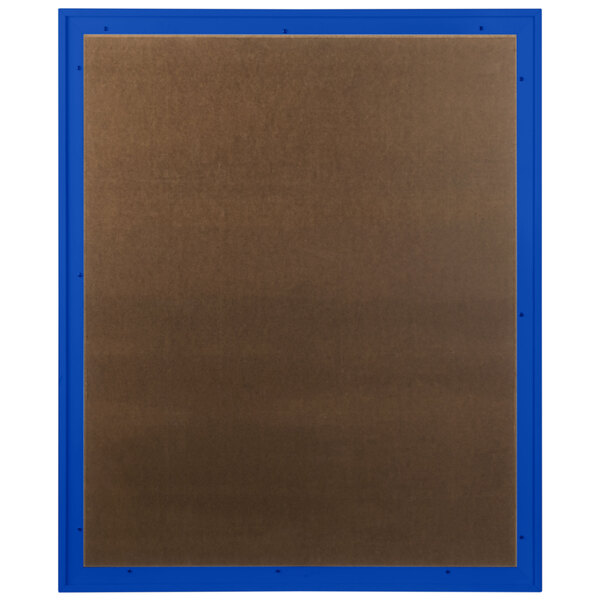 A brown bulletin board with a blue frame.