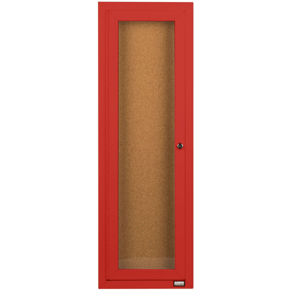 A red cabinet with a glass door.