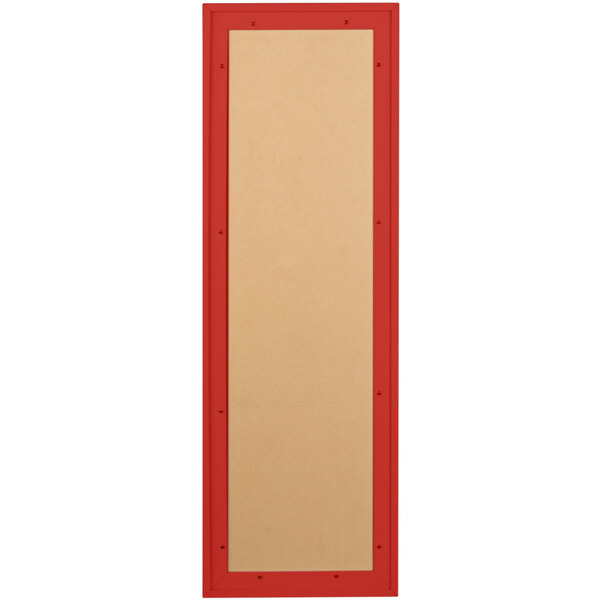 A rectangular red bulletin board cabinet with a tan border and a hole in the middle.
