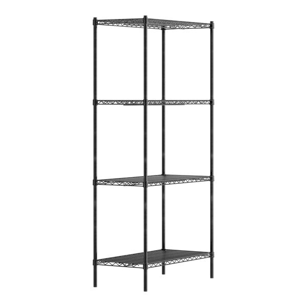 A black metal Regency wire shelving unit with four shelves.