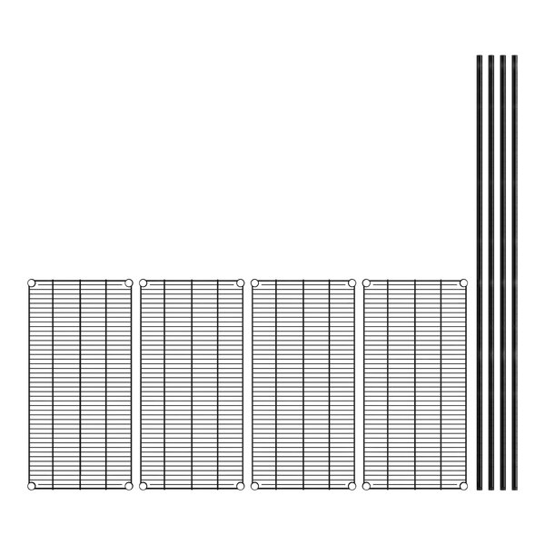 A black and white image of a Regency wire shelving kit with four rectangular grids and black metal bars.