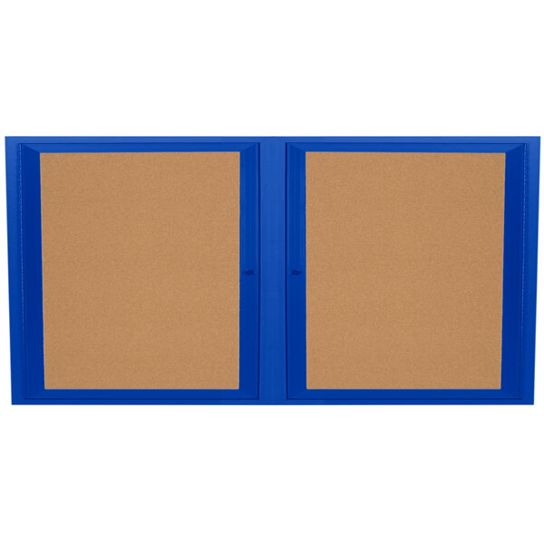 A blue Aarco bulletin board cabinet with 2 doors.