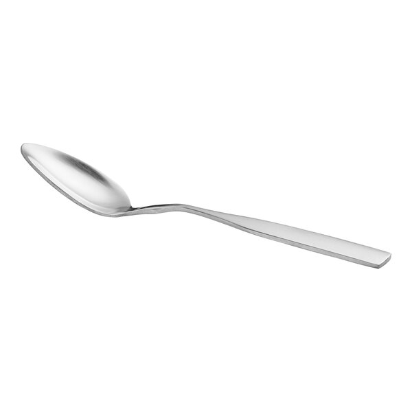 A close-up of a Choice Delmont stainless steel teaspoon with a silver handle.