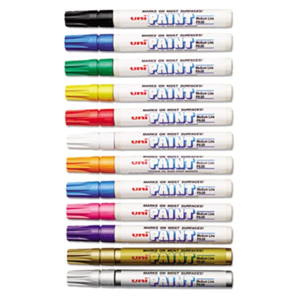 A row of multicolored Uni-Paint markers with white caps.