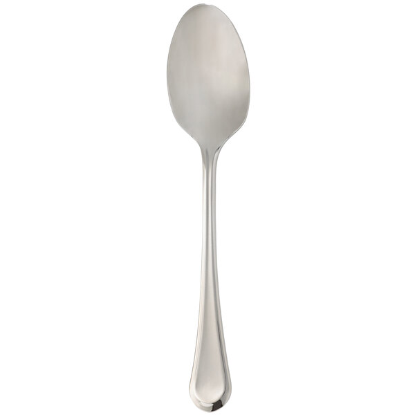 An Arcoroc stainless steel dinner spoon with a long handle.