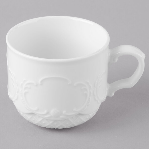A white Schonwald Marquis coffee cup with a handle.