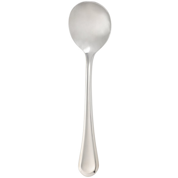 An Arcoroc stainless steel soup spoon with a silver rim on a white background.