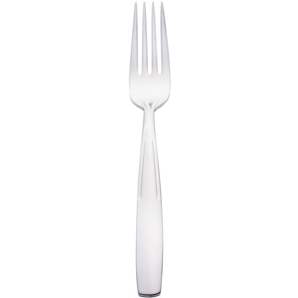 A close-up of a Libbey stainless steel utility/dessert fork with a white handle.