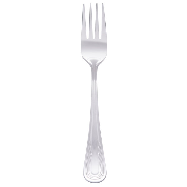 A close-up of a Libbey stainless steel salad fork with a white handle.