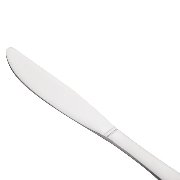 A Libbey stainless steel butter spreader with a white handle.