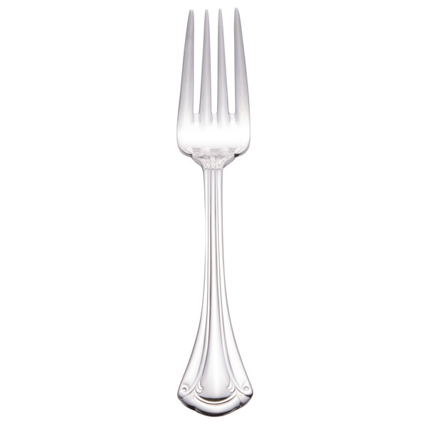 A close-up of a World Tableware Resplendence salad fork with a silver handle.