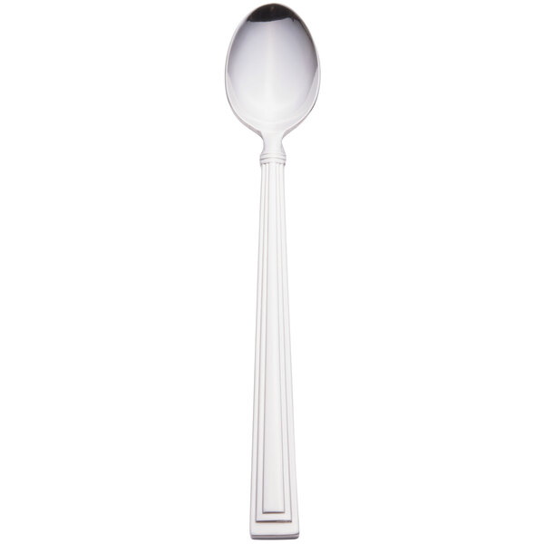 A silver stainless steel iced tea spoon with a long white handle.
