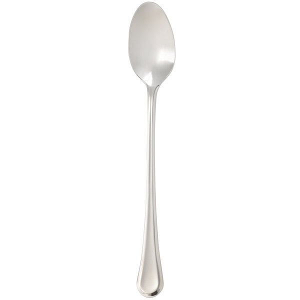 An Arcoroc stainless steel iced tea spoon with a white handle.