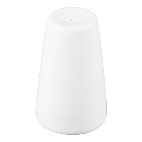 A white, conical-shaped porcelain shaker with a single hole on top.