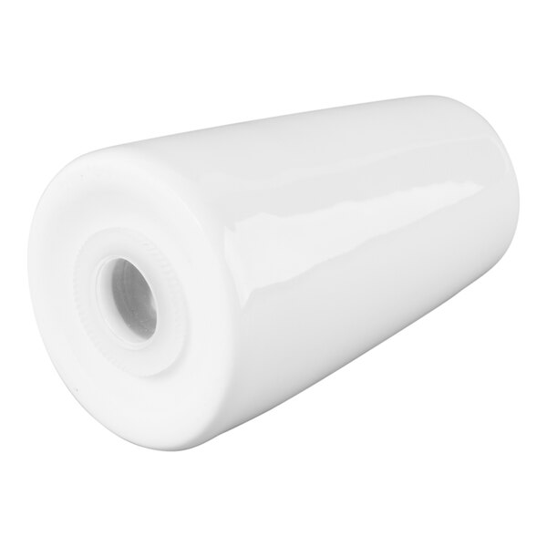 A white, glossy, cylindrical object with a hole on one end, resembling a porcelain shaker.